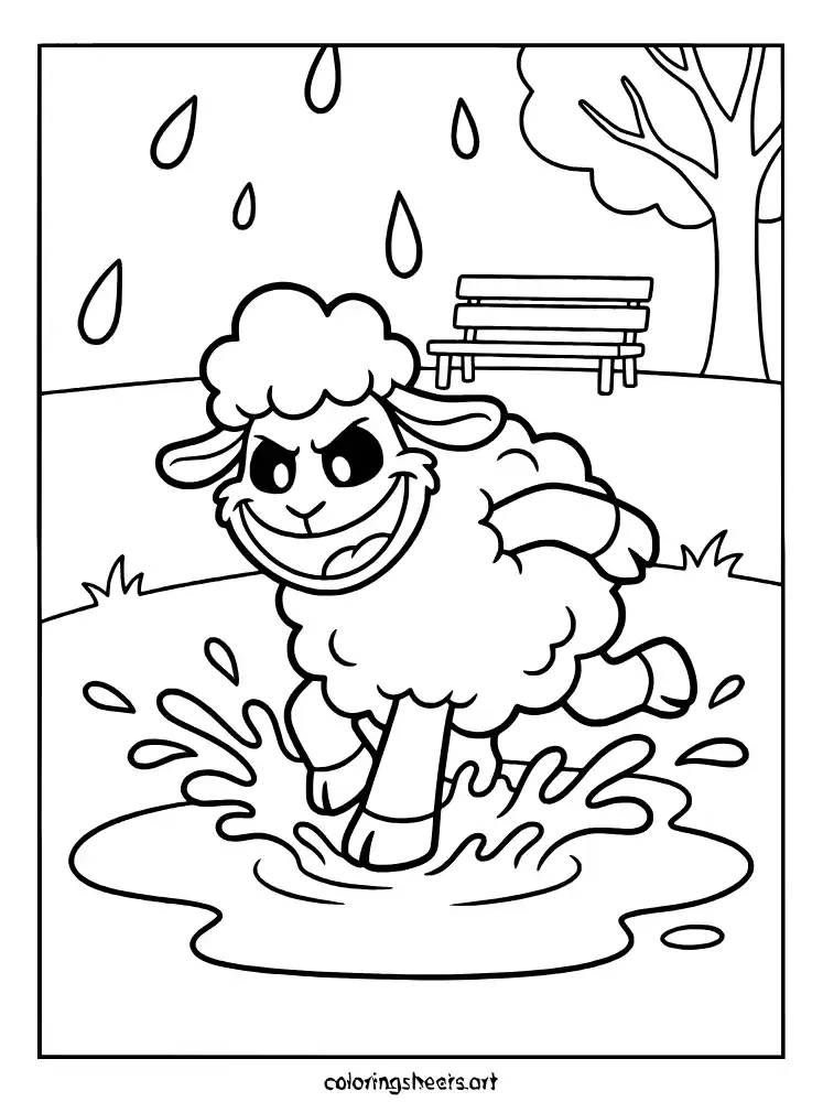 Baba Chops stomping in a puddle Poppy Playtime coloring page for kids