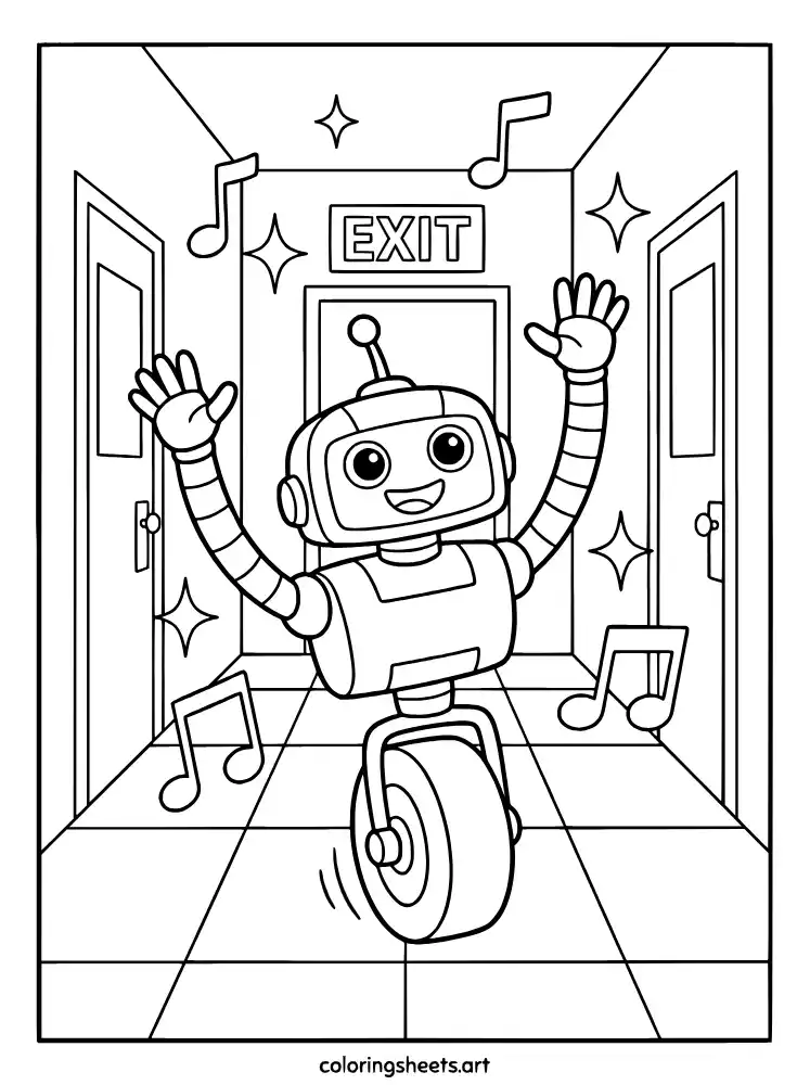 Boogie Bot rolling down factory hallway Poppy Playtime coloring page for kids