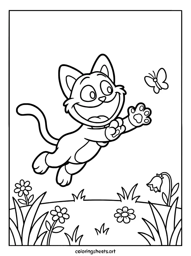 CatNap chasing a butterfly Poppy Playtime coloring page for toddlers