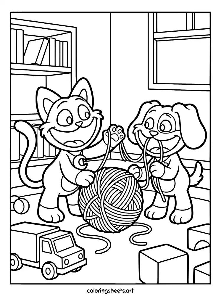 CatNap and DogDay playing with yarn Poppy Playtime coloring page for kids