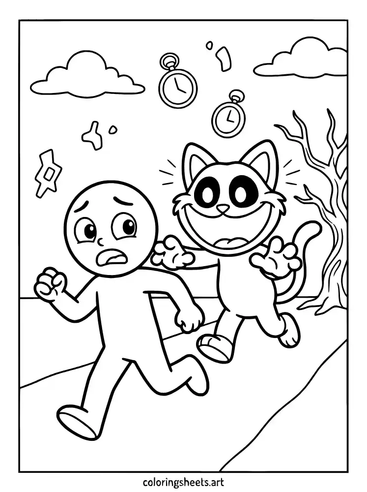 CatNap's dream world chase Poppy Playtime coloring page for kids
