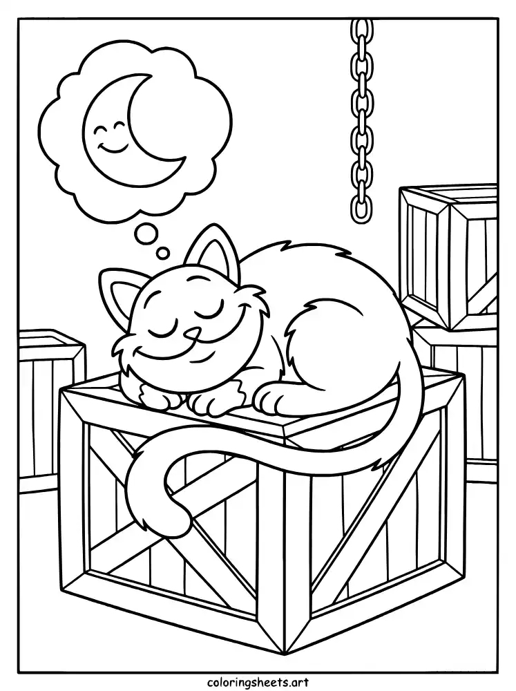 CatNap curled on a factory crate Poppy Playtime coloring page for toddlers