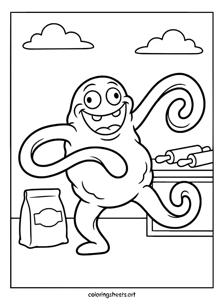 Doey the Doughman stretching Poppy Playtime coloring page for kids