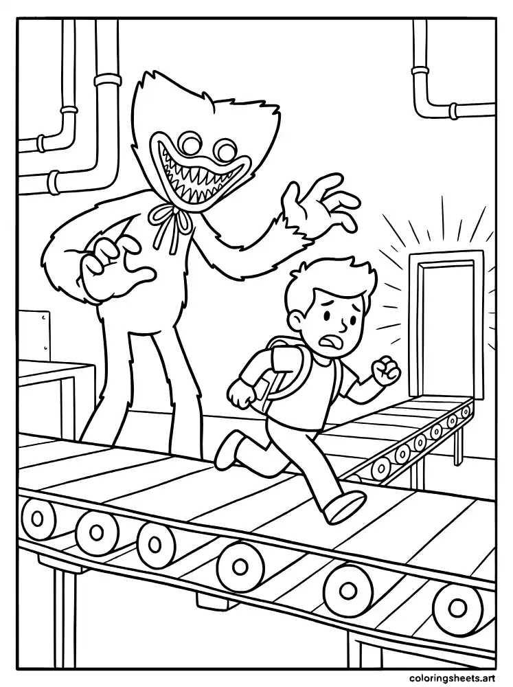 Escaping factory on conveyor belt Poppy Playtime coloring page for kids