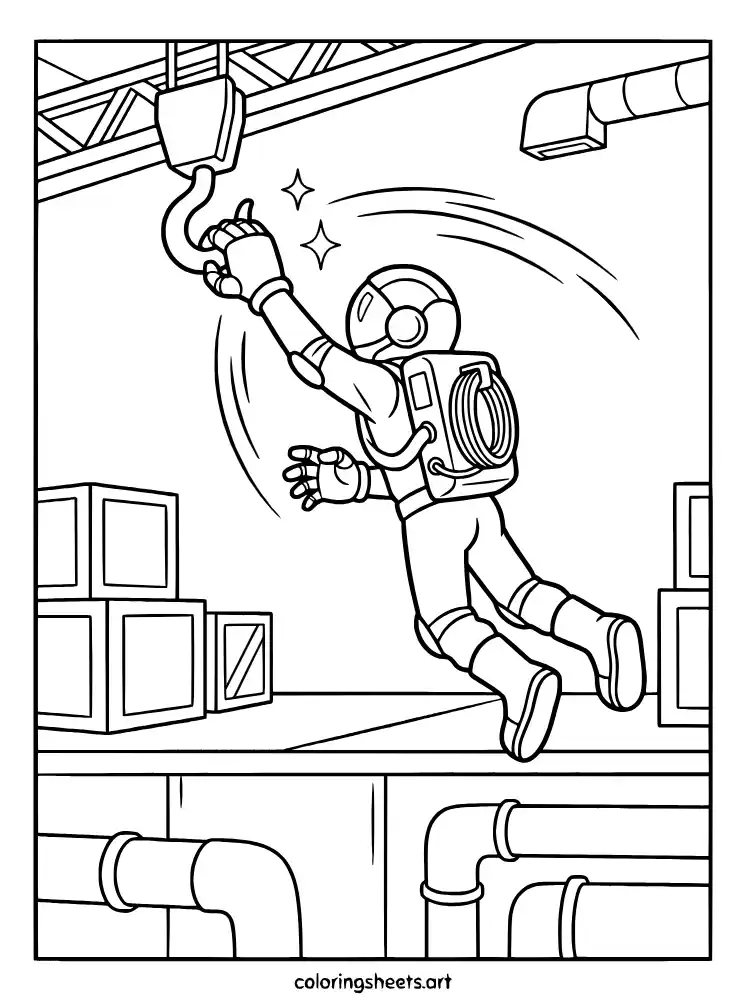 Player using GrabPack to cross gap Poppy Playtime coloring page for toddlers