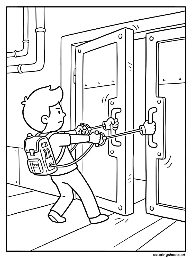 Player using GrabPack to open door Poppy Playtime coloring page for kids free