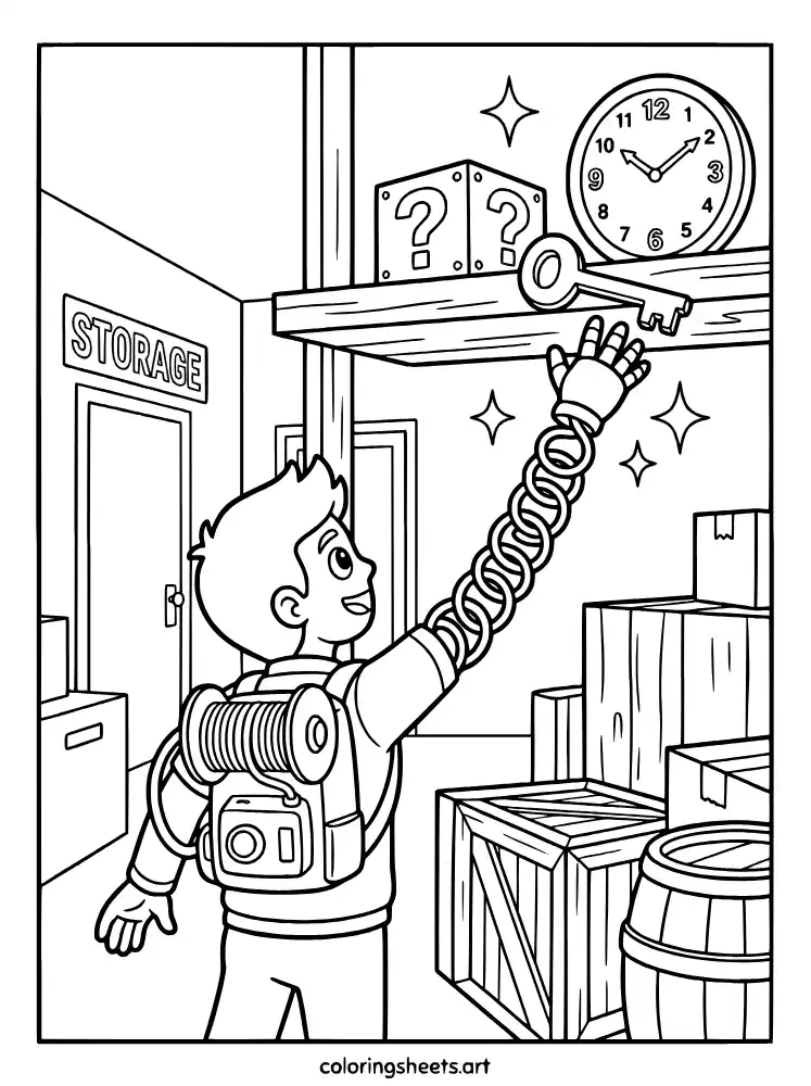 GrabPack reaching for a high shelf Poppy Playtime coloring page for kids free