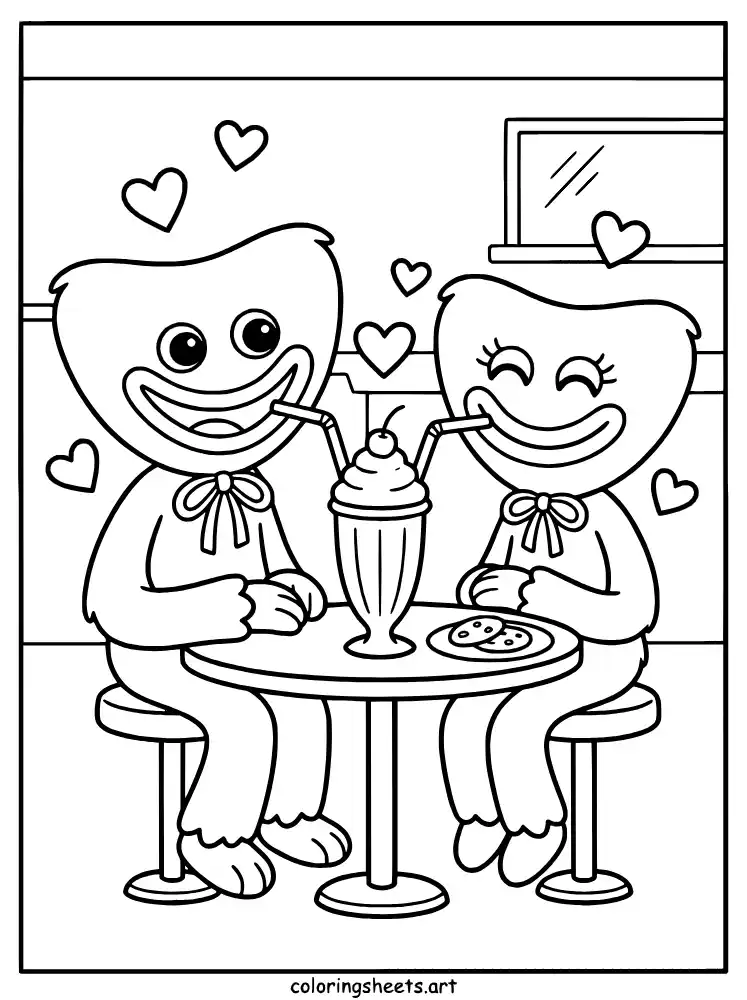 Huggy Wuggy and Kissy Missy sharing milkshake Poppy Playtime coloring page for kids