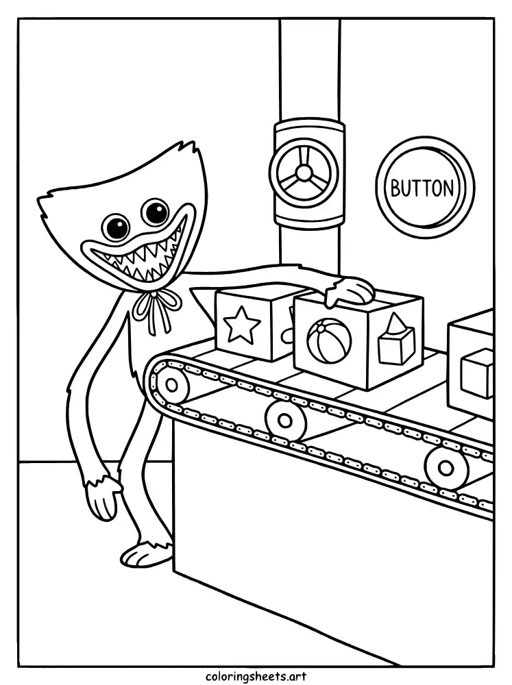 Huggy Wuggy peeking from conveyor belt Poppy Playtime coloring page for kids