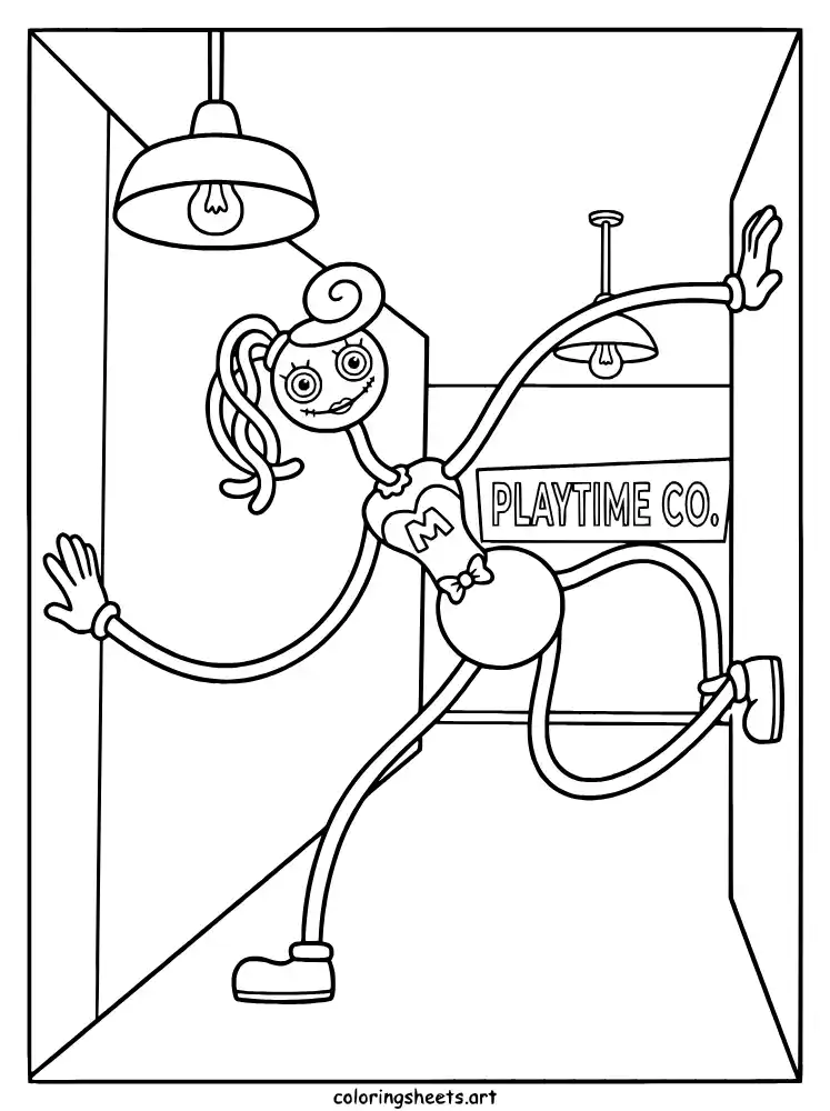 Mommy Long Legs stretching through factory Poppy Playtime coloring page for kids