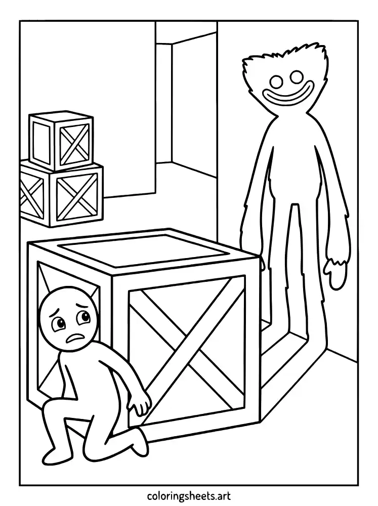 Player hiding from Huggy Wuggy Poppy Playtime coloring page for kids