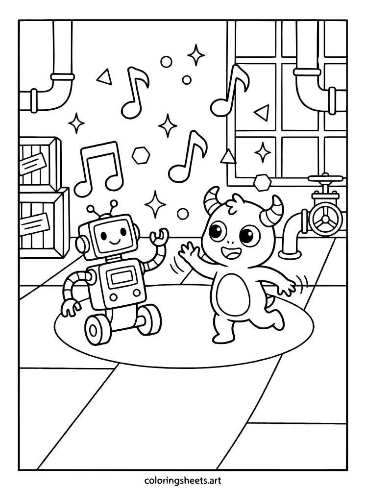 Poppy and Boogie Bot dancing Poppy Playtime coloring page for toddlers