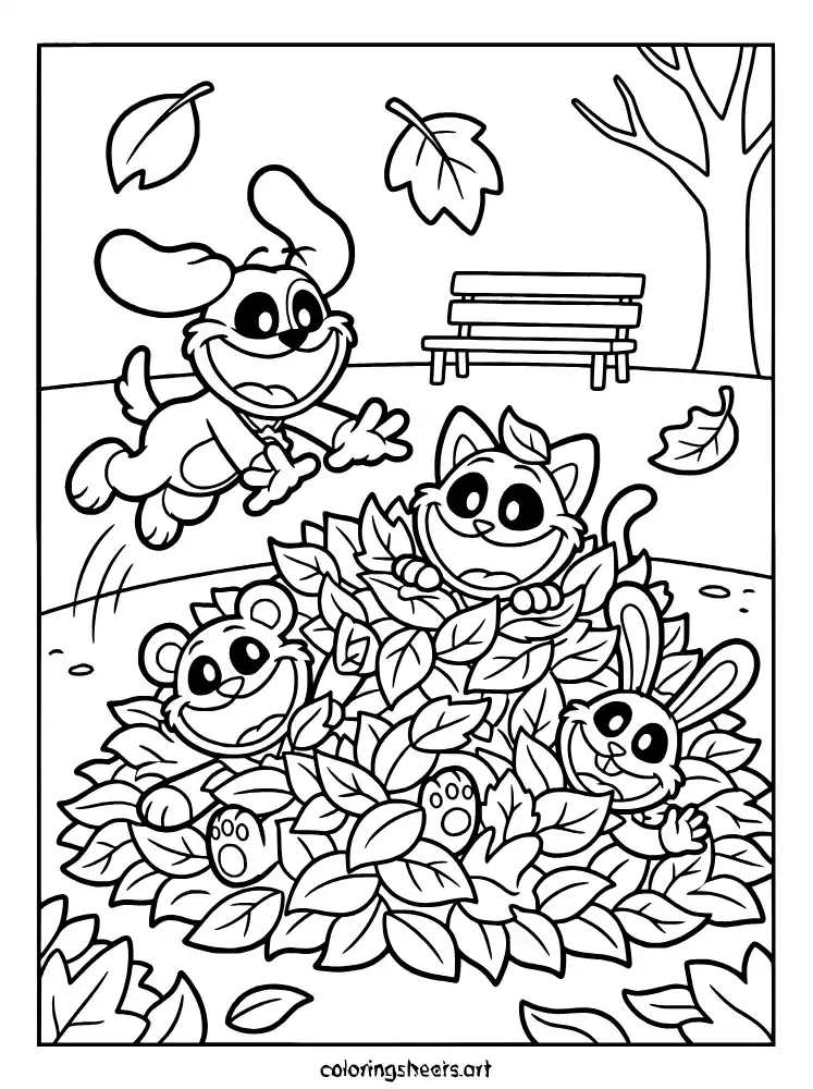 Smiling Critters in a pile of leaves Poppy Playtime coloring page for kids free