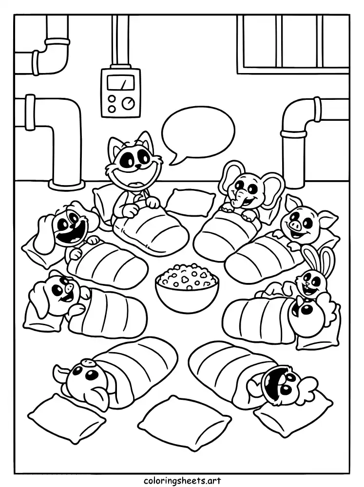 Smiling Critters slumber party Poppy Playtime coloring page for kids free