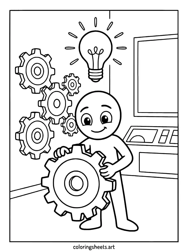 Solving a gear puzzle Poppy Playtime coloring page for toddlers