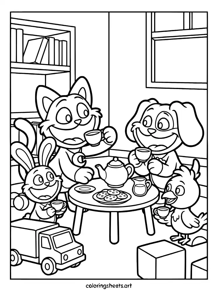 Smiling Critters tea party Poppy Playtime coloring sheet printable PDF