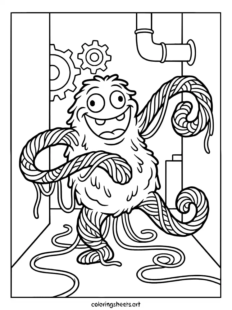 Yarnaby sneaking through shadows Poppy Playtime coloring sheet for kids