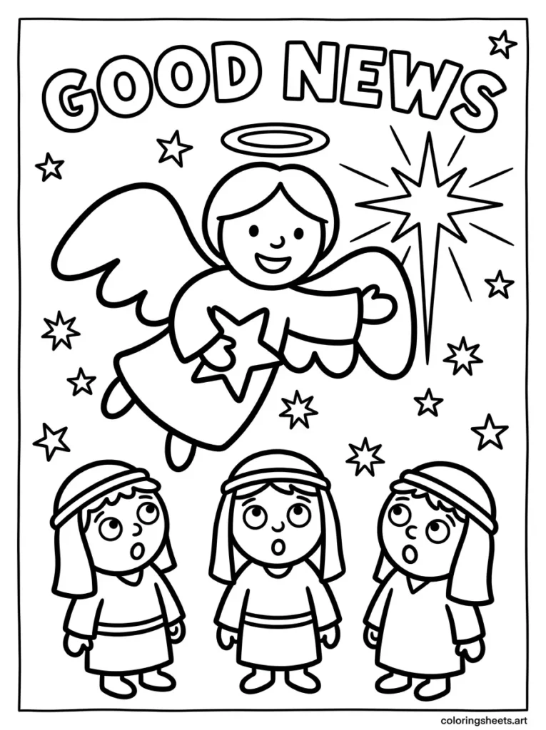 Angel brings good news to shepherds Luke 2 preschool Bible coloring page, Christmas Nativity activity sheet.