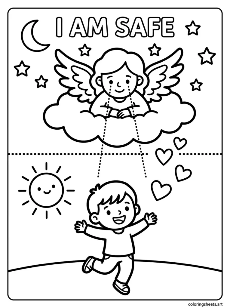 Angel watching over a preschool child from heaven, Bible coloring page for Matthew 18, Christian kids activity sheet.