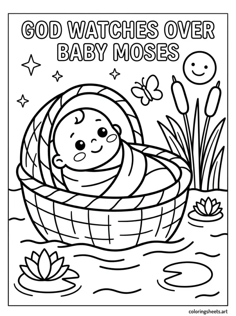 Baby Moses in his basket on the river preschool Bible coloring page Exodus 2