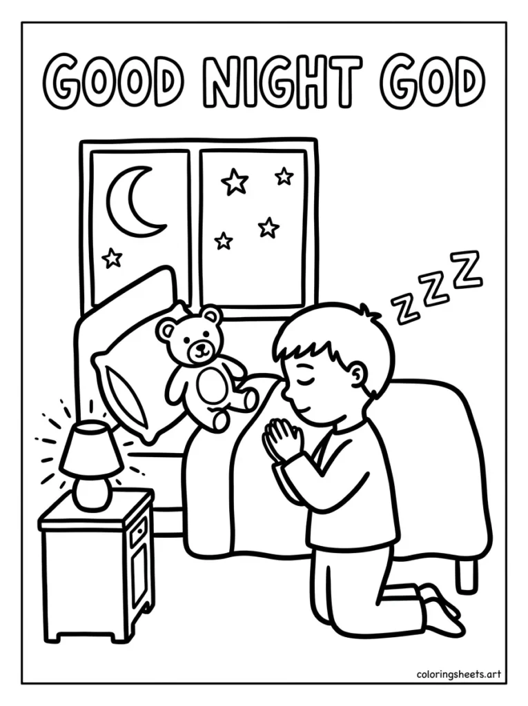 Bedtime prayer good night God preschool Bible coloring page Psalm 4