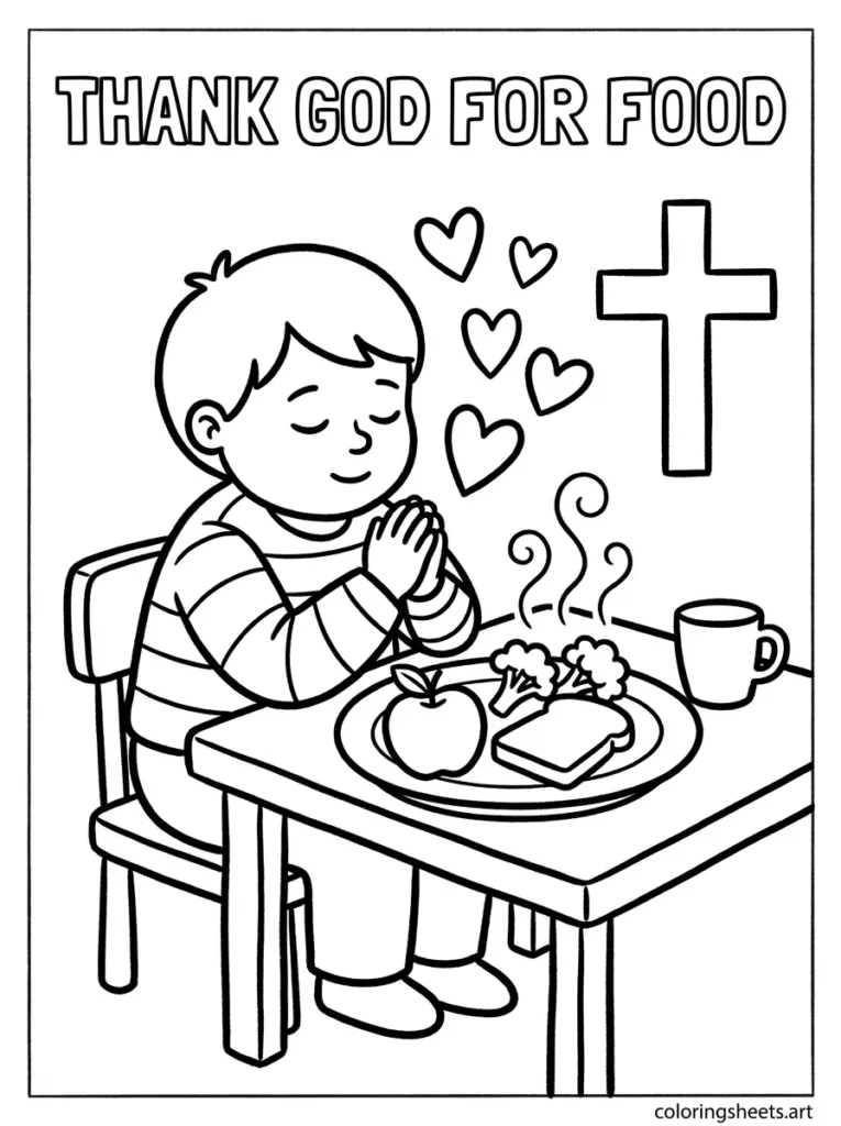Bless our food mealtime prayer preschool Bible coloring page Printable