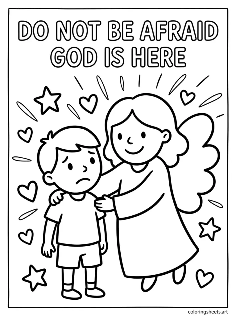 Bible coloring page of an angel comforting a preschooler, Isaiah 41:10 "Do not be afraid God is here" Christian activity sheet for kids.