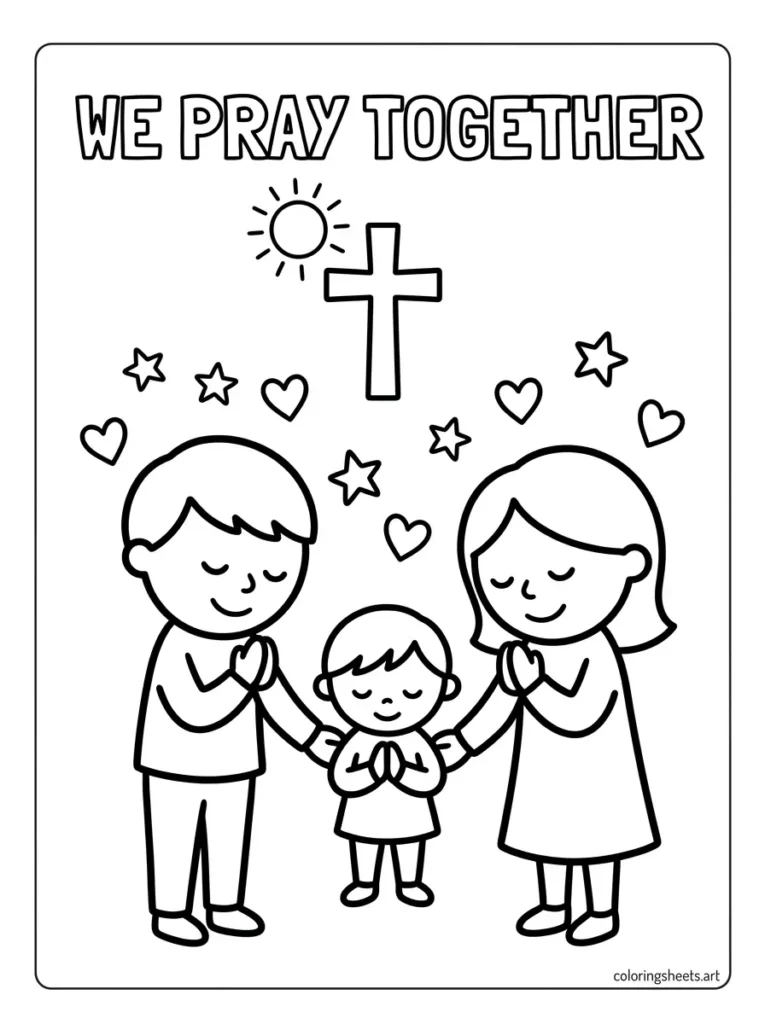 Family praying together preschool Bible coloring page, Matthew 18 Christian prayer activity sheet Printable