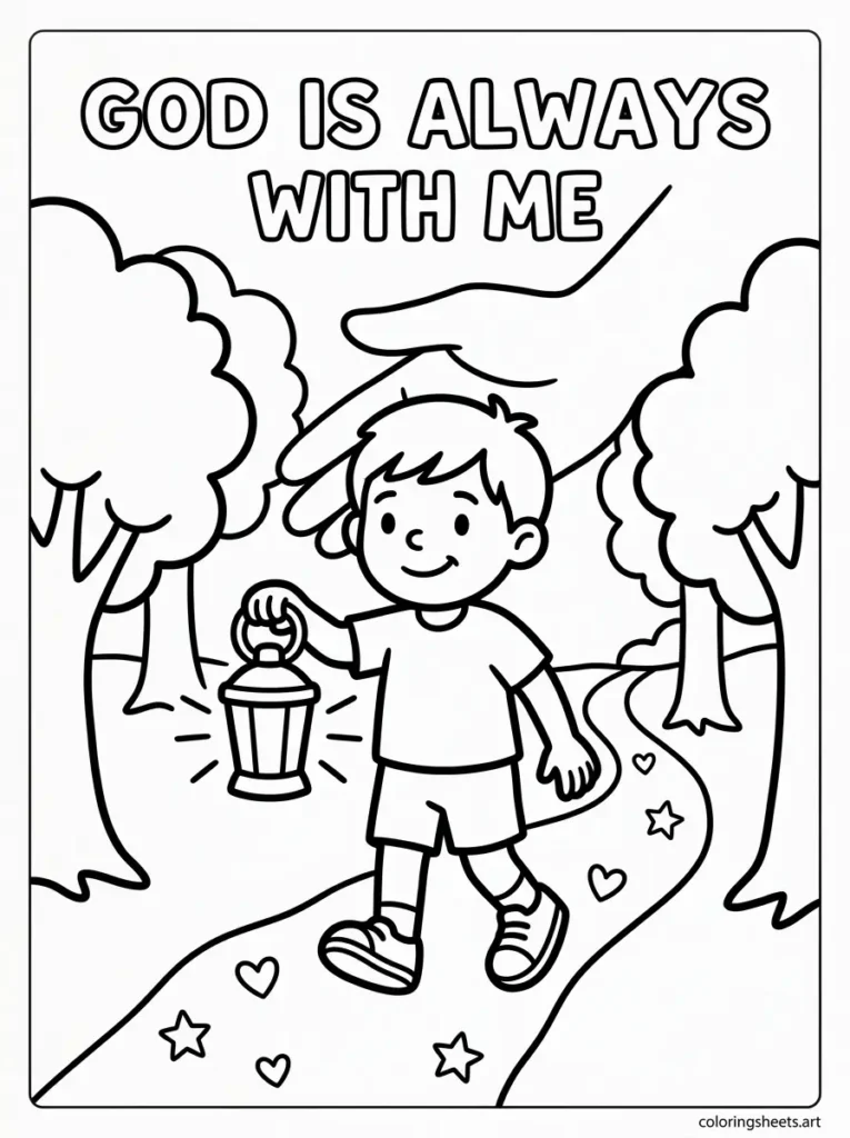 God is always with me Bible coloring page for preschoolers, Hebrews 13:5 scripture activity sheet for Christian kids.