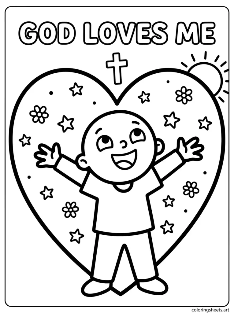 God loves me big heart preschool Bible coloring page, Christian activity sheet for toddlers