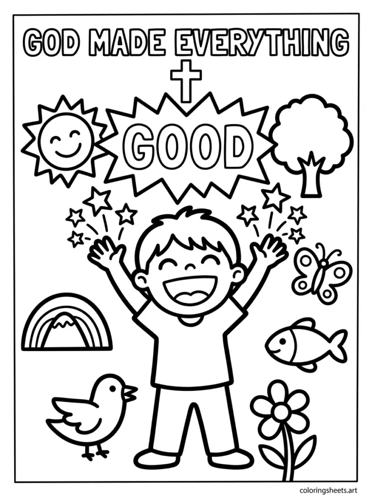 God made everything good preschool Bible coloring page Kids Genesis 1