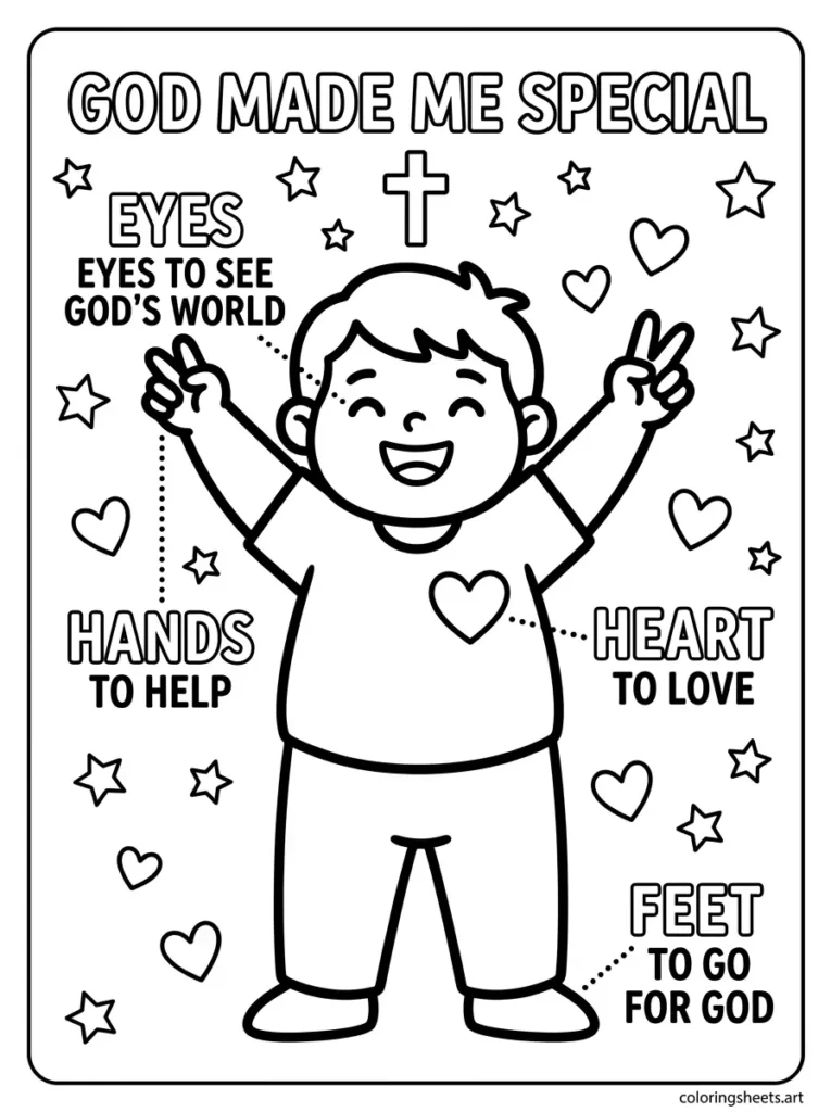 God made me special preschool Bible coloring page, Psalm 139:14 Christian activity sheet for kids.