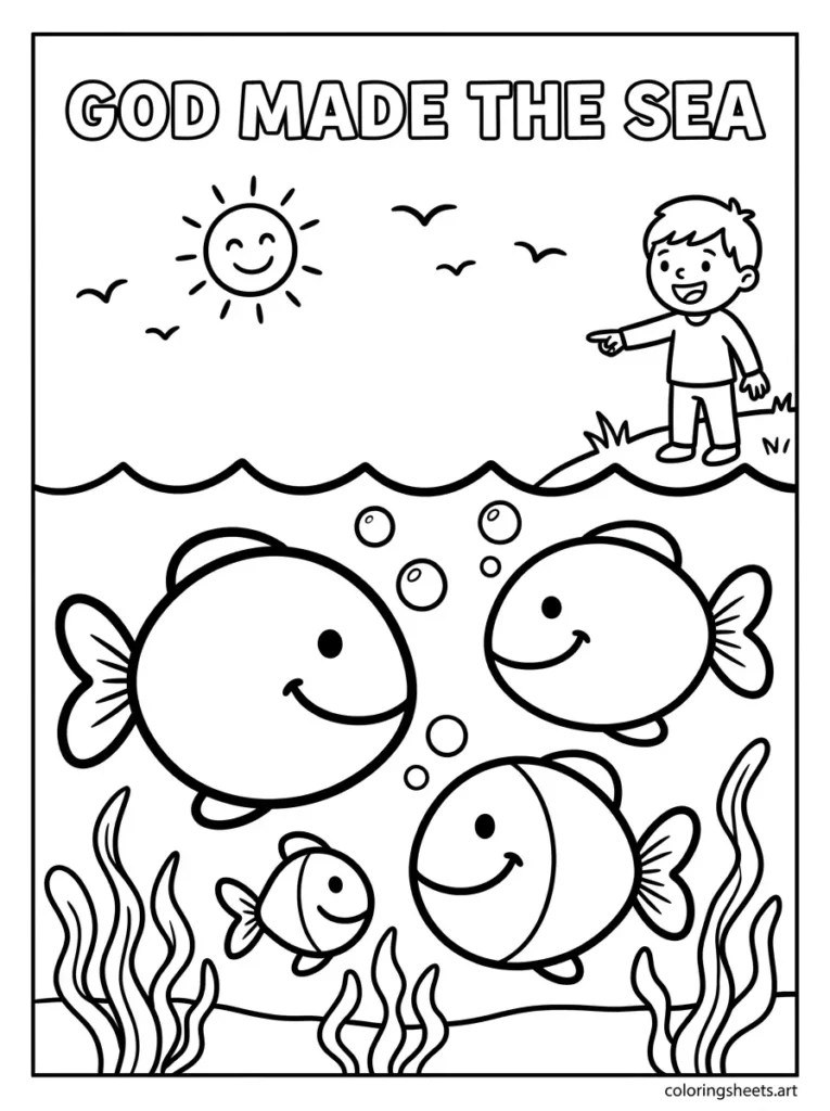 God made the sea and fish preschool Bible coloring page Genesis 1