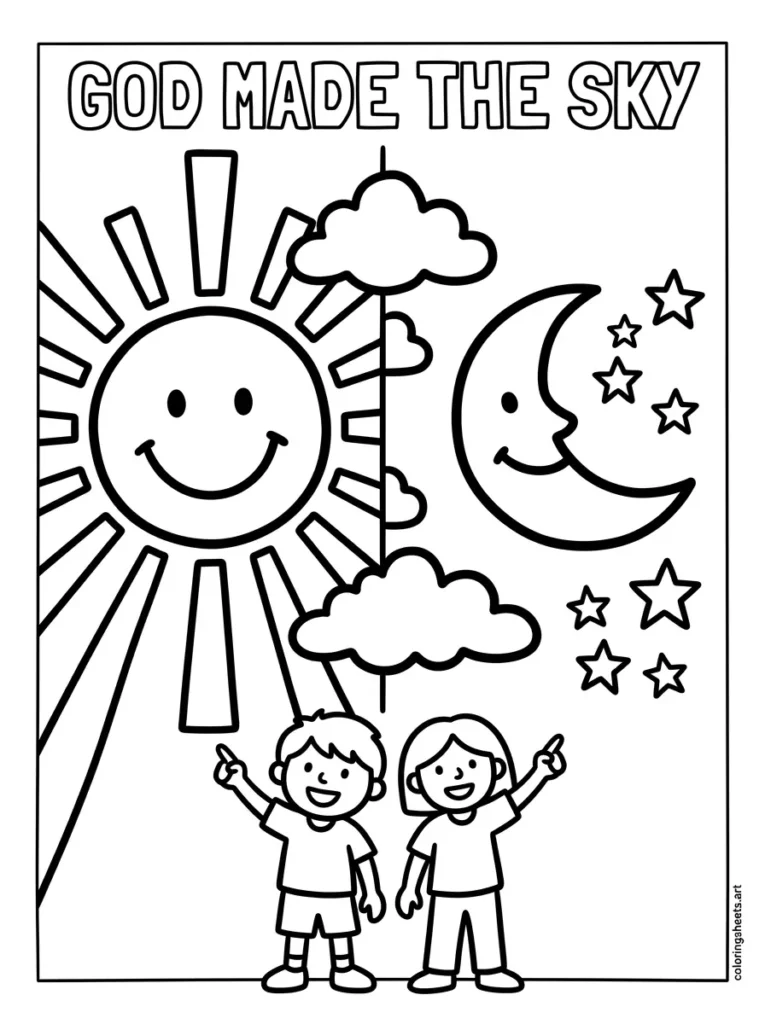 God made the sun moon and stars preschool Bible coloring page Genesis 1