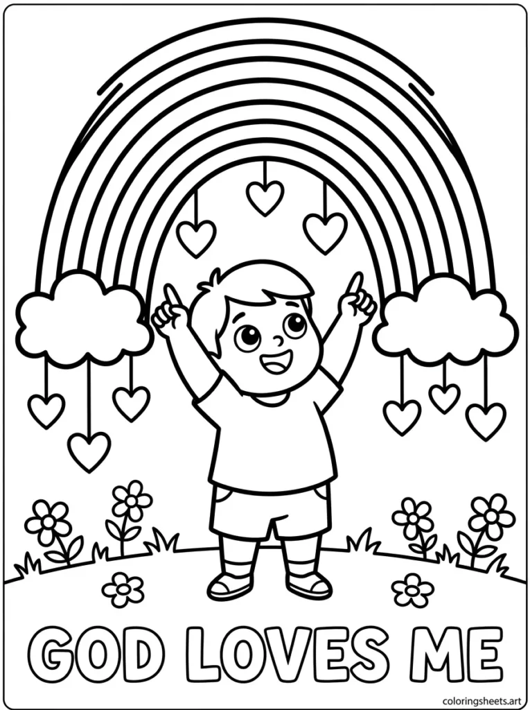 God's love rainbow preschool Bible coloring page for toddlers