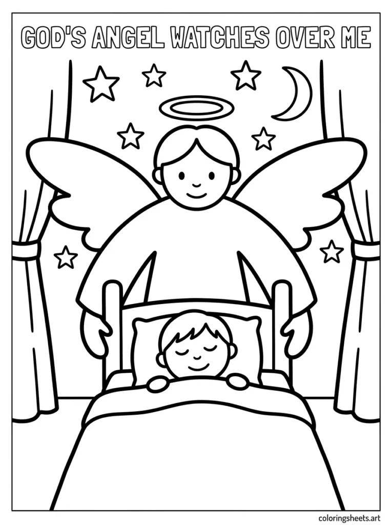 Guardian angel watches over sleeping child, Psalm 91 preschool Bible coloring page, kids activity sheet.