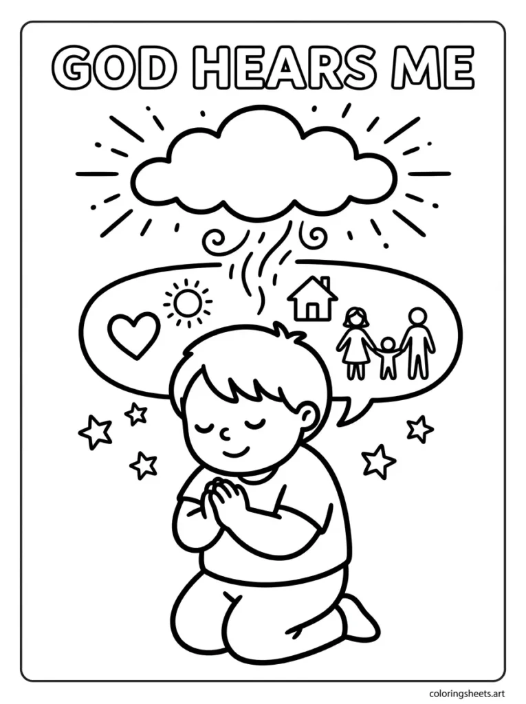 Philippians 4:7 Bible coloring page for preschoolers, child praying illustration, Sunday school printable.