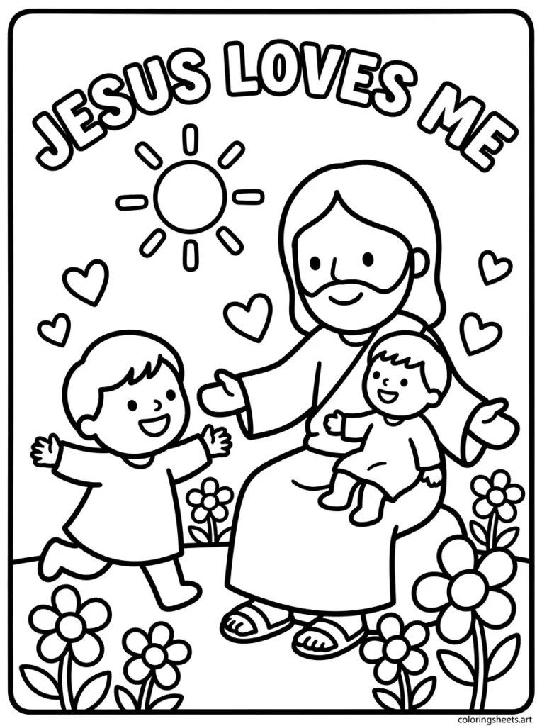 Jesus loves the little children preschool Bible coloring page, Mark 10 Christian activity sheet.