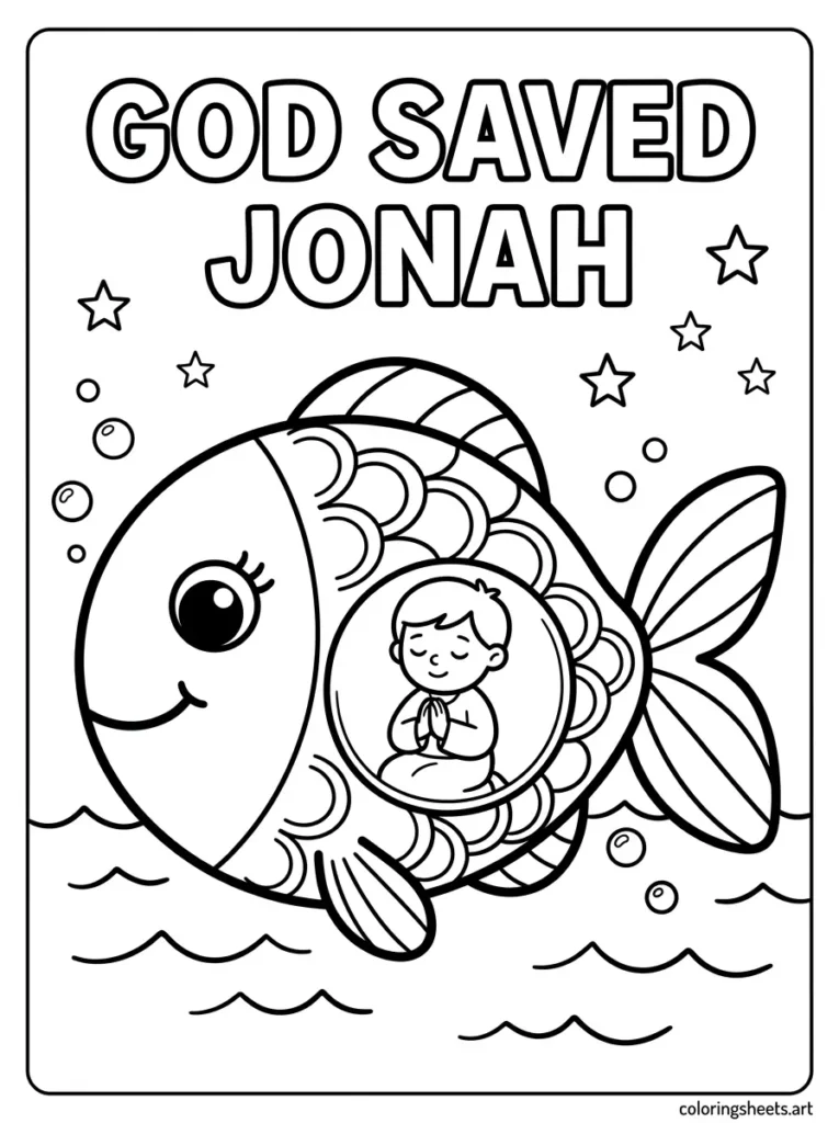 Jonah and the friendly big fish preschool Bible coloring page, Jonah 1 Christian activity sheet.