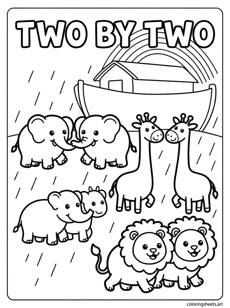 Noah's animals entering the ark coloring sheet, Genesis 7:9 preschool Bible illustration.