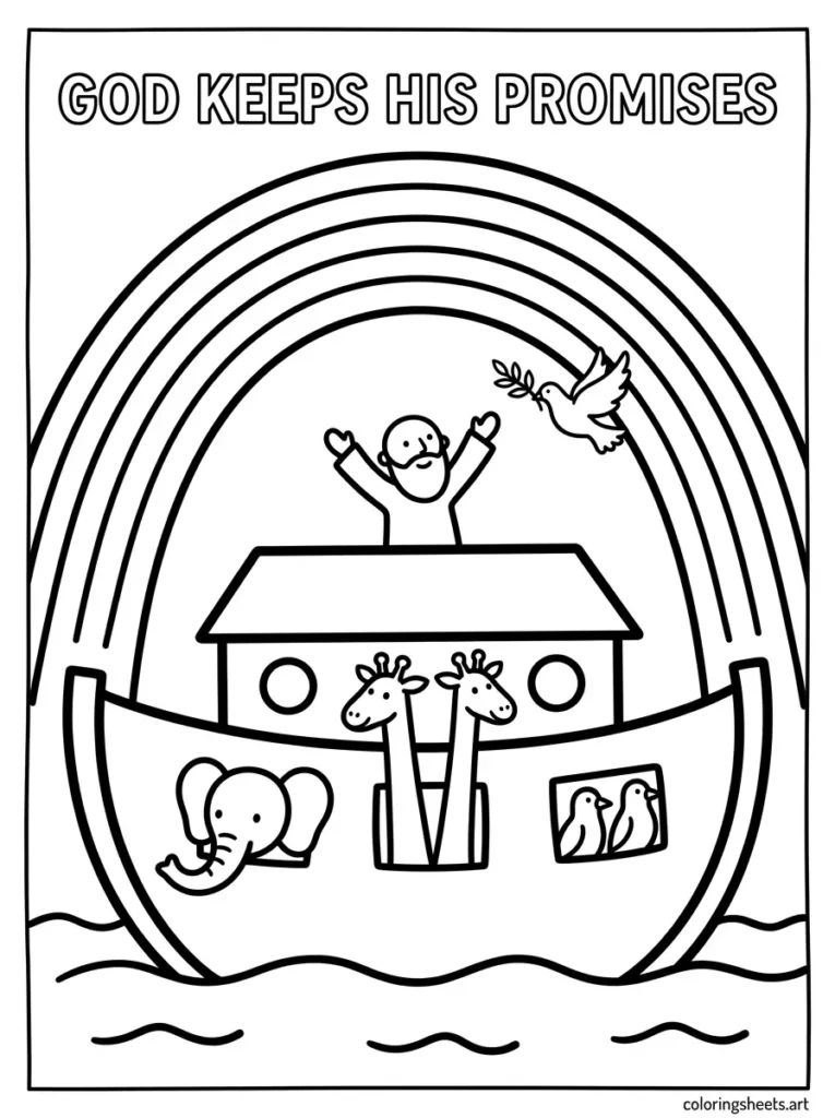 God's rainbow promise Noah's ark preschool Bible coloring page, Genesis 9 Christian activity sheet.