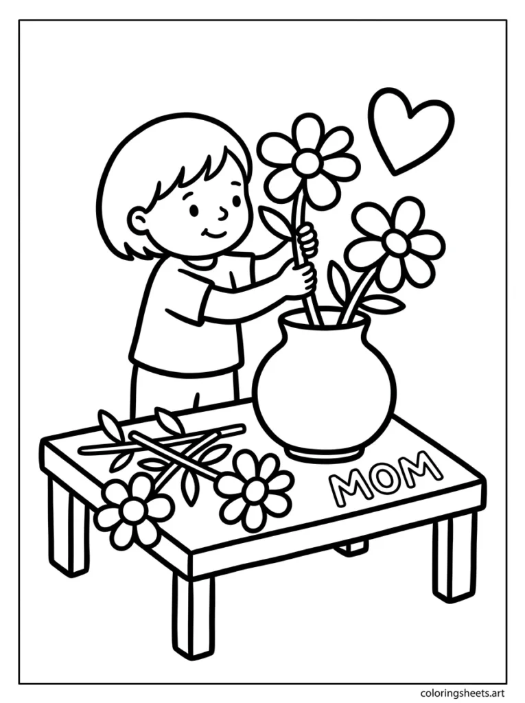 Child arranging flowers in a vase as a gift for mom preschool coloring page