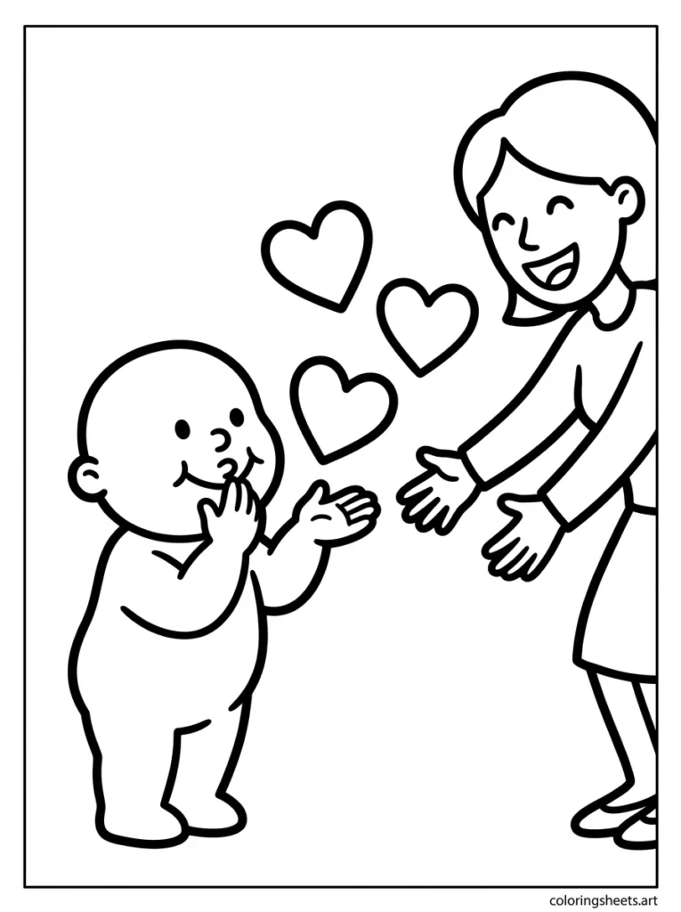 Preschooler blowing hearts and kisses to mommy coloring page for Mother's Day