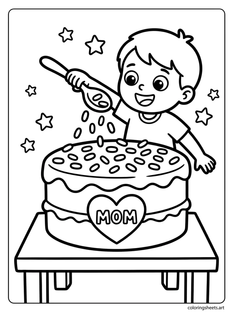 Preschooler decorating a Mother's Day cake with sprinkles coloring page