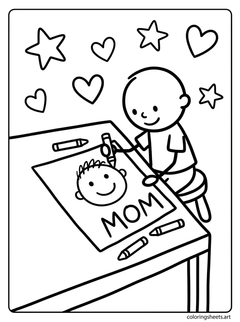 Preschooler drawing a portrait of mommy as a Mother's Day gift coloring page