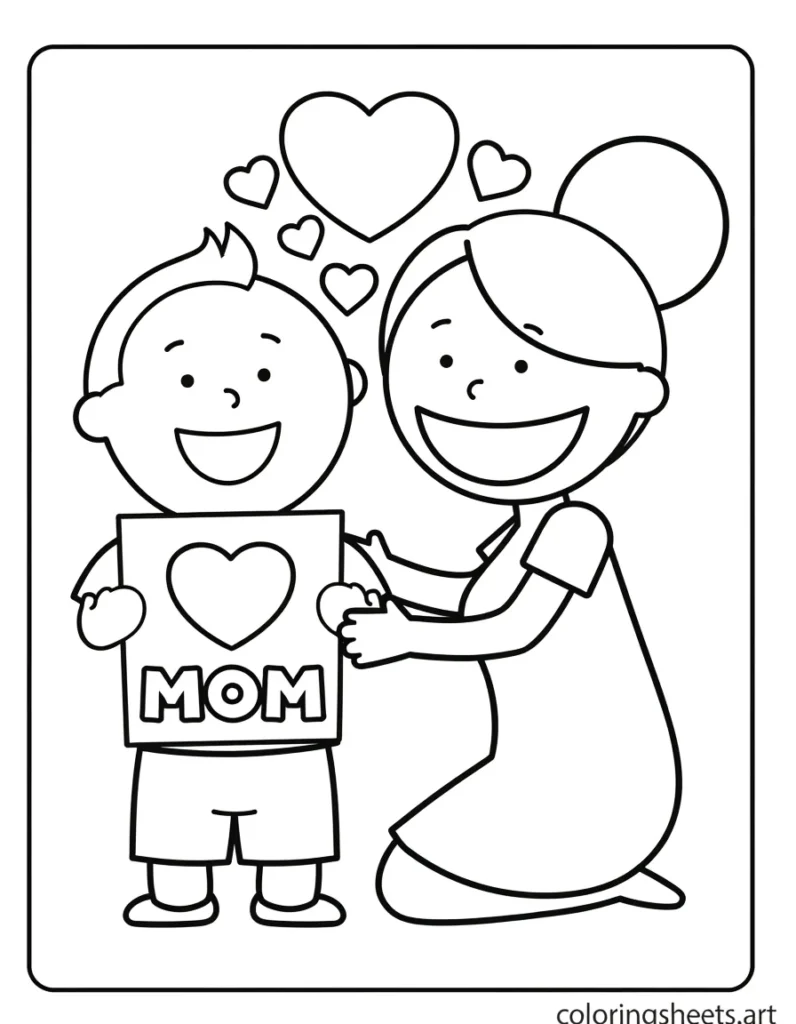 Preschooler handing mommy a homemade Mother's Day card coloring page