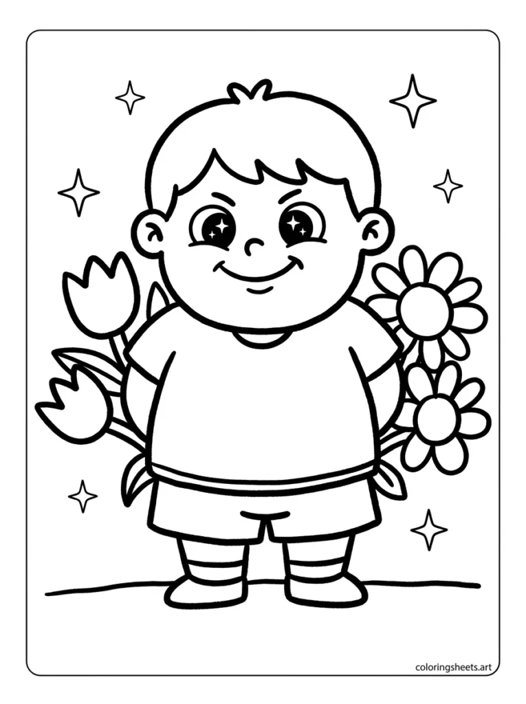 Child hiding flower bouquet behind back as a Mother's Day surprise coloring page