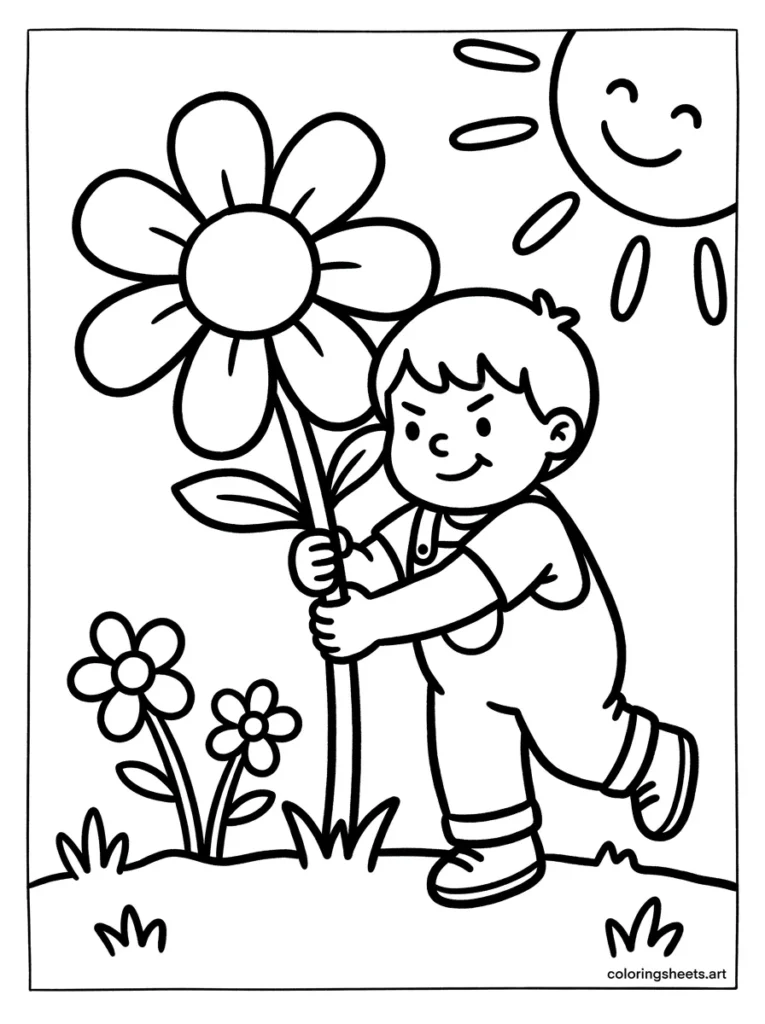 Preschooler picking a giant flower from the garden for mommy coloring page
