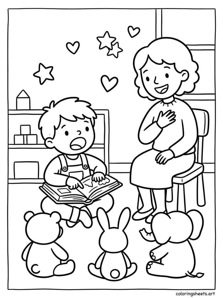 Preschooler reading aloud to stuffed animals while mommy watches lovingly coloring page