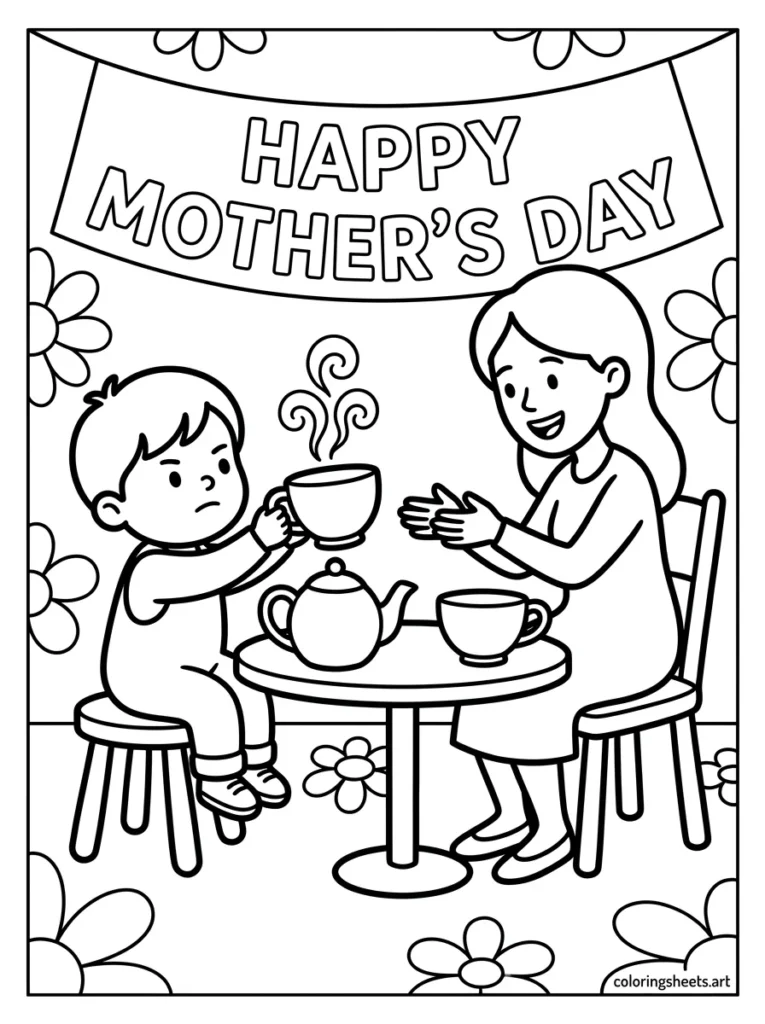 Preschooler serving mommy a pretend cup of tea on Mother's Day coloring page